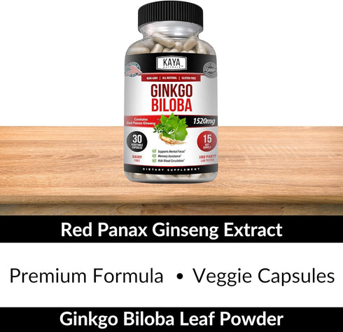 Kaya Naturals Red Panax Ginseng + Ginkgo Biloba | Nootropic Brain Supplement for Cognitive and Concentration Support