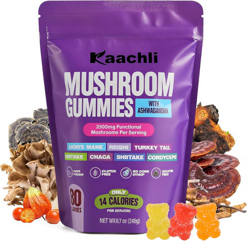 KAACHLI Ashwagandha and Mushroom Gummies 500mg with 8 Mushroom Blend (Reishi,Lion's Mane,Cordyceps) -