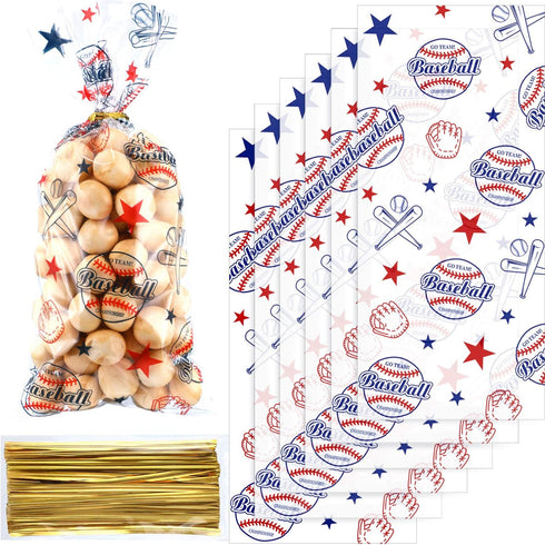 Chuangdi 100 Pack Cello Baseball Party Snack Bags, Cellophane Baseball Treat Bags for Team Snacks, Sports Goodie Pouches