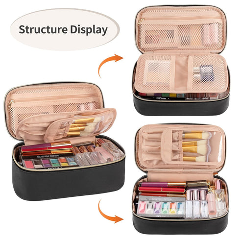 OCHEAL Small Black Cosmetic Bag, Portable Cute Travel Makeup Pouch for Women & Girls, Makeup Brush Organizer