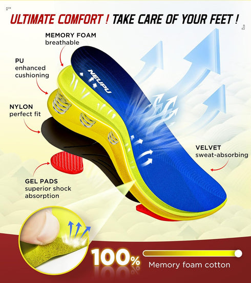 240+lbs Plantar Fasciitis Insoles - 100% Memory Foam Comfort, High Arch Support Inserts for Pain Relief, Orthotic for