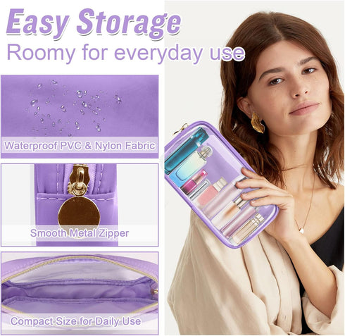 Small Clear Travel Makeup Organizer Bag, Cute Preppy Cosmetic Zipper Pouch for Women, Purple