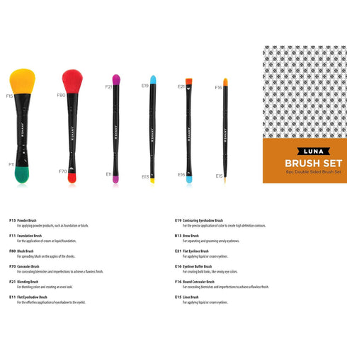 SHANY Vegan Makeup Brushes - LUNA, 6 PC Double Sided Travel Brushes with 12 Unique Bristles & Storage Pouch