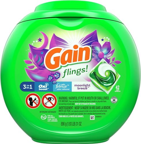 Gain flings! Liquid Laundry Detergent Pacs, Moonlight Breeze, 42 Count