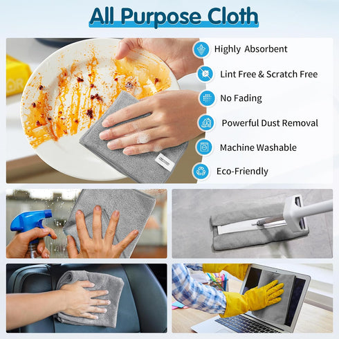 FIXSMITH Grey Microfiber Cleaning Cloth - Pack of 12, Highly Absorbent 16"X12" All Purpose Towels for Housekeeping