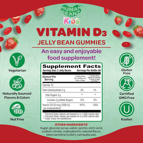 Vitamin D3 Jelly Bean Gummies for Kids, 120 Strawberry Blast Jelly Beans - 25mcg/1000 IU Nutritional Vegetarian