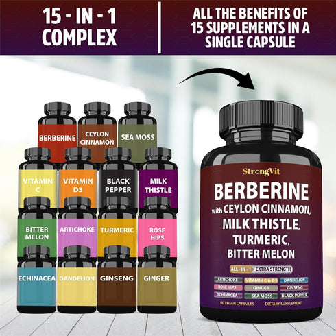 Immunity Berberine with Ceylon Cinnamon Supplement, Milk Thistle, Turmeric Bitter Melon for Digestion, & Entire Body