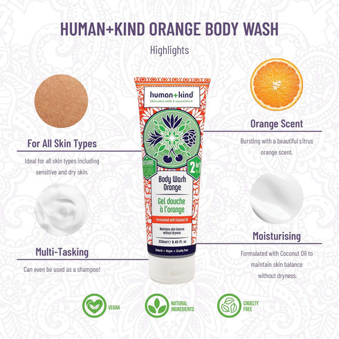 Human+Kind Body Wash, Natural Moisturizing Soap with Coconut Oil, Gentle Cleanse for Dry Skin, 8.45 oz