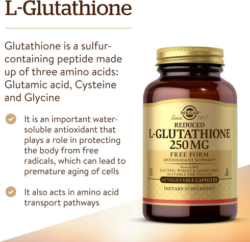 Solgar Reduced L-Glutathione 250 mg, 60 Vegetable Capsules - Antioxidant Support - Non-GMO, Vegan, Gluten Free, Dairy