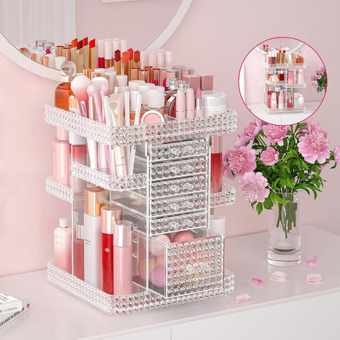 Rotating Makeup Organizer with 6 Drawers, DIY Adjustable Storage for Cosmetics and Jewelry, Clear