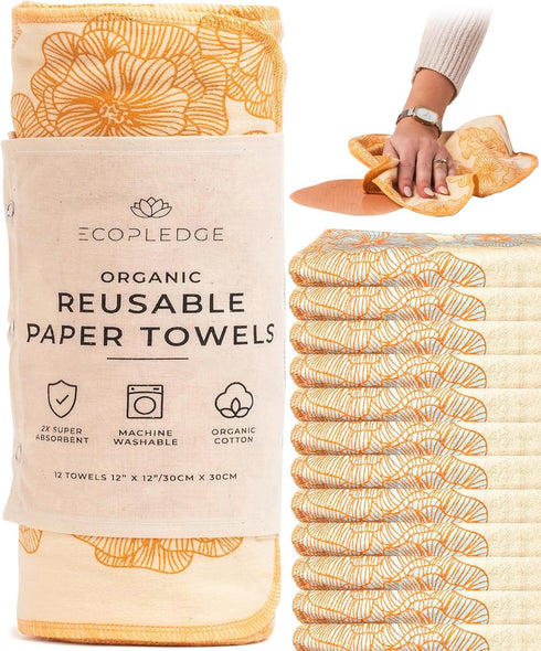 Reusable Paper Towels Washable Roll - 12-pc Two Layered Ultra Absorbent Organic Cotton Kitchen Towels