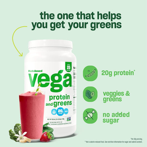 Vega Protein and Greens Protein Powder, Berry, 1.2 lbs, 20g Plant Based Protein Plus Veggies