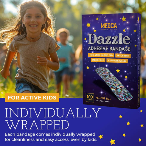 Glitter Bandages for Kids - 100 Count Box of Adhesive Strips with Colorful Glitter Design for First Aid