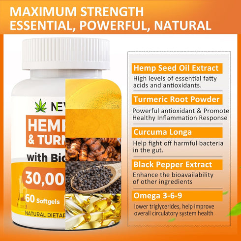 2 Pack Hemp Oil Capsules with Turmeric - Organic Hemp Seed Oil Pills with Turmeric Curcumin, Vegan Omega 3 & 6