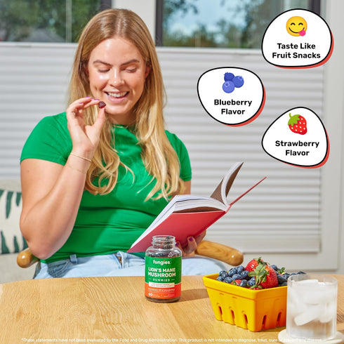 Lion's Mane Mushroom Gummies, Blueberry & Strawberry, 60 Servings, Brain Fog Focus Memory Mood Supplement