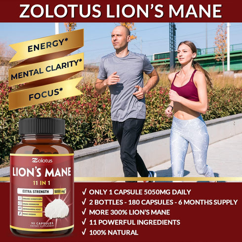 5X Potency 2 Packs 90 Capsules Lions Mane Mushroom Supplement, 5050mg, 6 Month Supply with Cordyceps, Reishi,