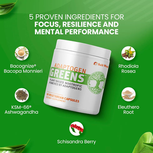 SaltWrap Adaptogen Greens Nootropic, Brain Memory Support Natural Supplement, 90 Capsules