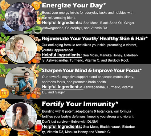 16-in-1 Organic Sea Moss 7000mg, Ashwagandha 2000mg, Black Seed Oil 4000mg, Turmeric, Vitamin C & D3 for Overall Health