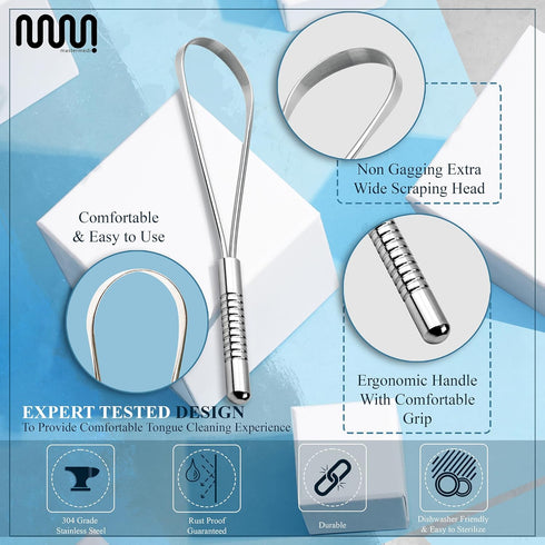 MasterMedi Tongue Scraper for Adults, 100% Stainless Steel Tongue Cleaner, Easy to Use, Pack of 2