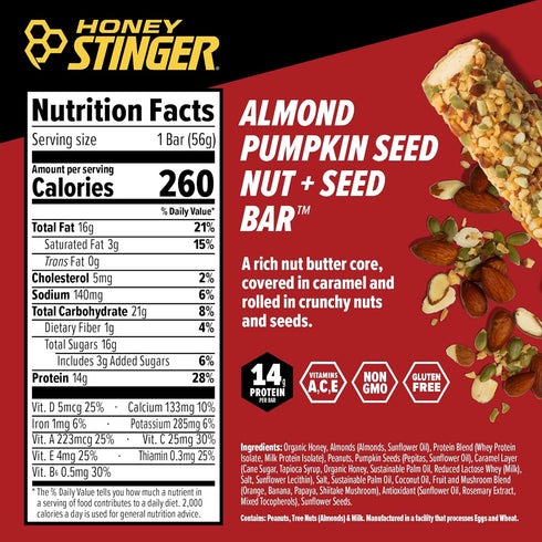 Honey Stinger Nut + Seed Bar, Almond Pumpkin Seed, Protein Packed Snack Bar, Box of 12