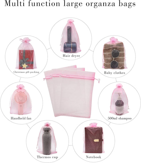 50pcs Large Pink Organza Bags 8X12 inch, Drawstring Jewelry Gift Bags for Baby Shower Birthday Wedding Party