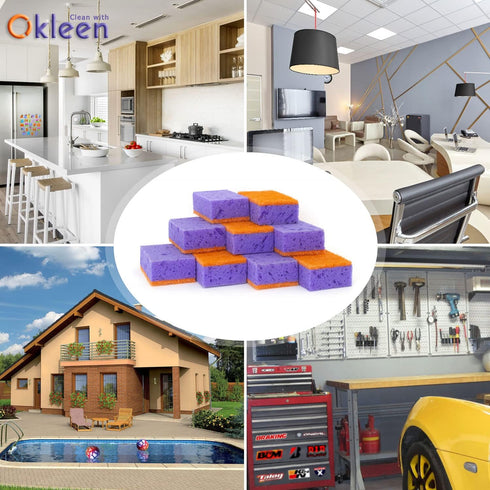 Okleen 9 Pack, 4.3x2.8x1.4 inches. Purple and Orange Multi Use Scrub Sponges. Made in Europe. Heavy Duty & Non Scratch