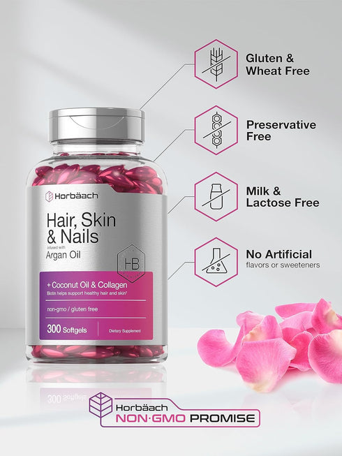 Horbaach Hair Skin and Nails Vitamins, 300 Softgels with Biotin and Collagen, Non-GMO & Gluten Free
