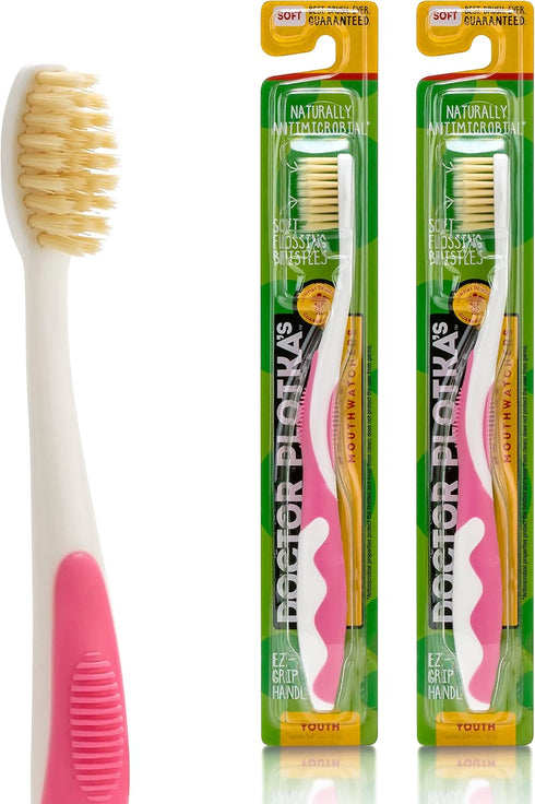 MOUTHWATCHERS Soft Childrens Flossing Manual Toothbrush, Set of 2 Pink Toothbrushes for