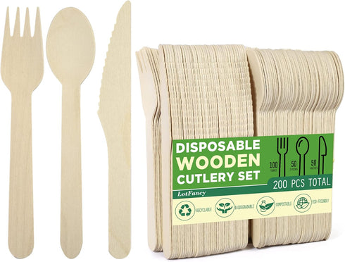 LotFancy Disposable Wooden Cutlery Set, Pack of 200 (100 Forks, 50 Spoons, 50 Knives), Eco-Friendly