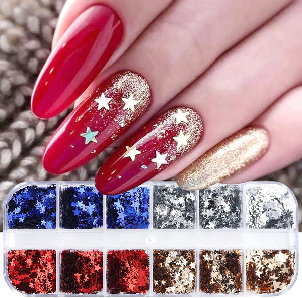 Independence Day Nail Art Glitter Flakes, 12 Grids Mixed Blue Red Sequins for USA Nail Decorations