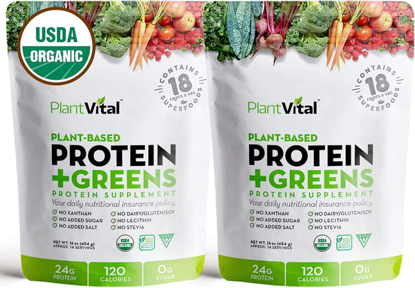 Plantvital Unflavored Organic Vegan Protein Powder - 18 Superfoods, Gluten Free - 16oz (Pack of 2)