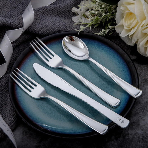 Liacere 200Pcs Silver Plastic Cutlery - 100 Forks, 50 Spoons, 50 Knives, Disposable Silverware for Parties