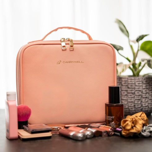 Makeup Bag Travel Organizer, Small Traincase with Adjustable Dividers for Beauty Artists, Not Made in China (Pink)
