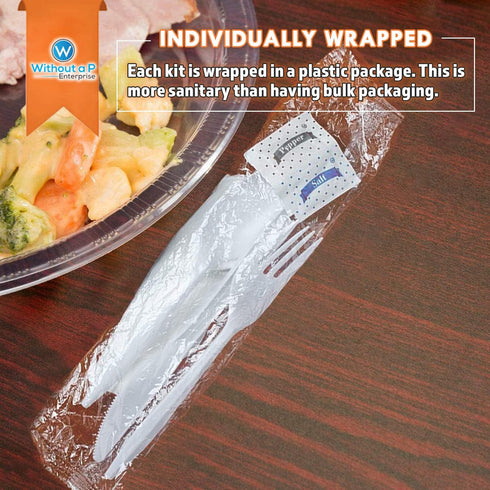 BULK HEAVY WEIGHT Cutlery, Individually Wrapped White Plastic Knife, Spoon, Fork Pack with Napkin and Salt & Pepper