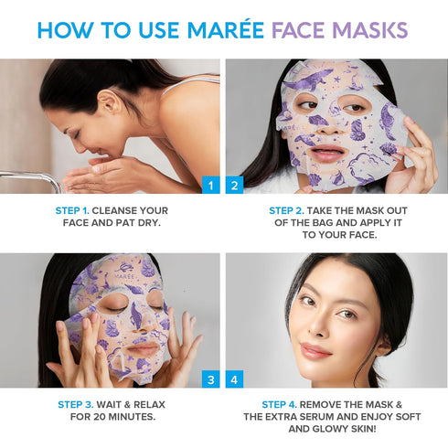 MAREE Facial Masks with Marine Collagen & Hyaluronic Acid - Moisturizing Sheet Masks with Green & Red Algae Extract, 6