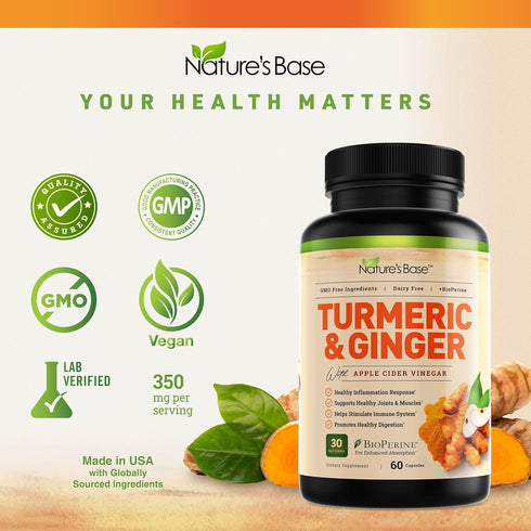 Turmeric and Ginger Supplement - Tumeric Curcumin Joint Support Pills with Apple Cider Vinegar & BioPerine, 60 Capsules
