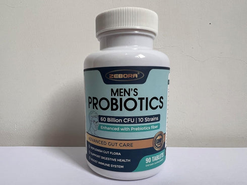 ZEBORA Probiotics for Men - 90 Tablets, 60 Billion CFUs for Immune and Gut Health, 10 Strains, Hypoallergenic, Gluten &