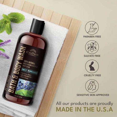 Natural Body Wash for Women, Men & Kids - Peppermint & Lavender - 12oz, Moisturizing Liquid Soap