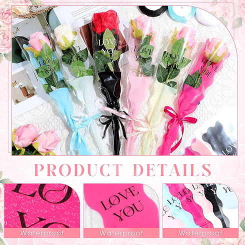 Chiisong 300 Pcs Single Flower Sleeves, Father's Day Plastic Wrapping with 6 Ribbon for Florist Supplies (White, Black,
