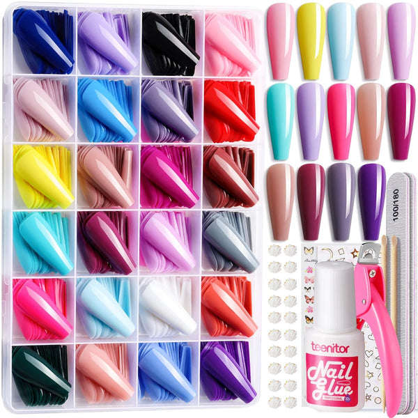 Teenitor Full Cover Color Press On Coffin Nails, 576pcs Fake Nail Tips in 24 Colors, Long Ballerina Nails