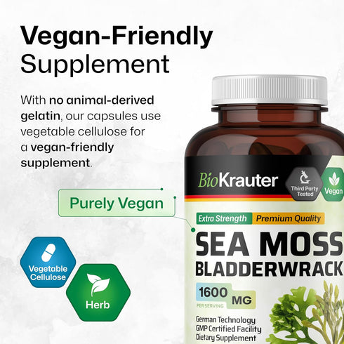 BIO KRAUTER Irish Sea Moss Capsules, 1600 mg - 250 Count - Vegan Bladderwrack with Chondrus Crispus