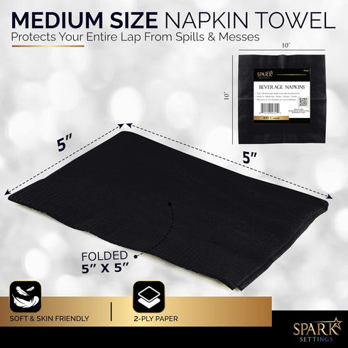 100 Pack Black Beverage Napkins, 2 Ply Big Party Pack for Wedding, Birthday, Dinner, Lunch, Cocktails (5” x 5”) by