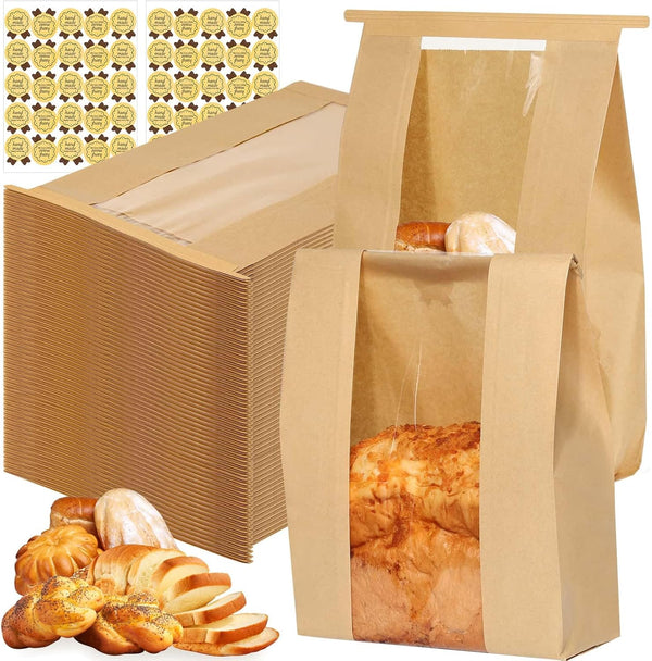 Sublaga Bread Bags with Tin Tie Tab Lock, 70 Pack Large Kraft Paper