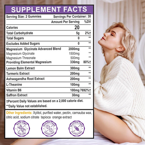 Magnesium Glycinate Gummies 1500mg, Magnesium Gummies for Adults with Magnesium L-Threonate, Ashwagandha & B6, Magnesium Gummy Supplement for Relaxation, Zzz, Energy & Muscle, Organic, 60 Count