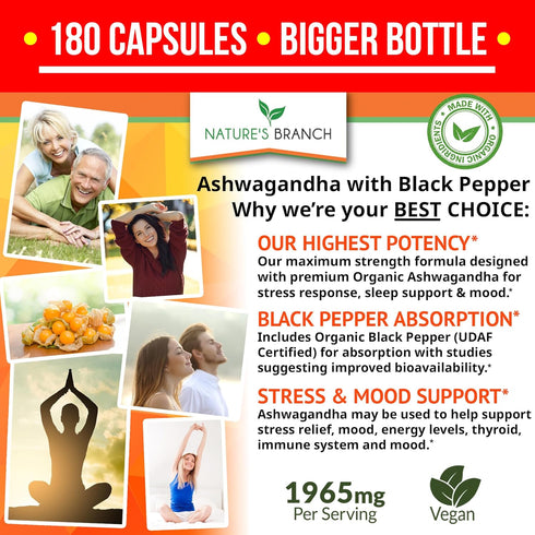 UDAF Certified Organic Ashwagandha with Black Pepper - 180 Capsules - 1965mg Extra Strength for Stress, Sleep, Mood, Thyroid, Focus, Hair, Vegan Pure Root Extract Powder - Men and Women Supplements
