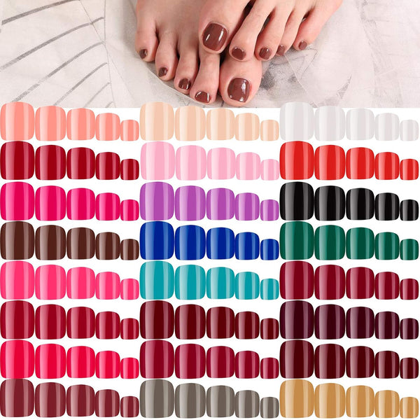 Maitys 576 Pieces Short Press on Toenails for Women, Glossy Square Solid Color False Nail Tips