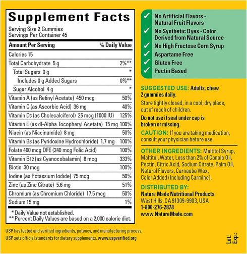 Nature Made Zero Sugar Multivitamin Gummies, Daily Nutritional Support, 90 Sugar Free Gummies, 45 Day Supply