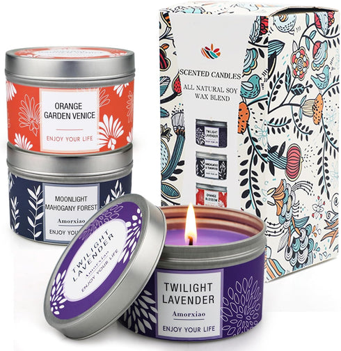 Set 3 Pack 6.2 oz 30-35 Scented Candle Gift for Women, Large Soy Wax Candles in Tins, Each, Hr Burn, Lavender, Orange
