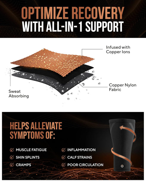 TheraCopper Copper Calf Compression Sleeve Premium Copper Compression Shin Sleeve for Men & Women Breathable & Non-Slip
