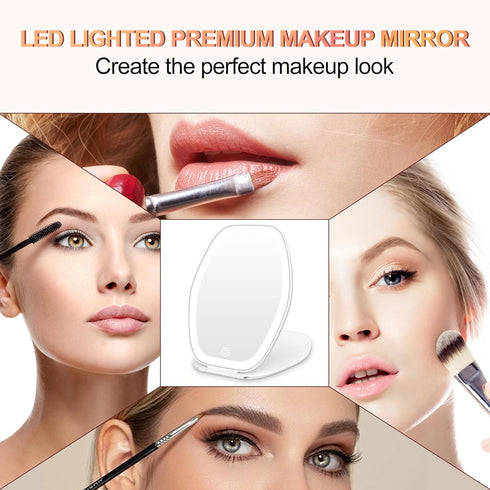 Travel Makeup Mirror with Light, 3 Color Lighting Portable Mirror, Touch Screen Rechargeable LED Lights Vanity - White